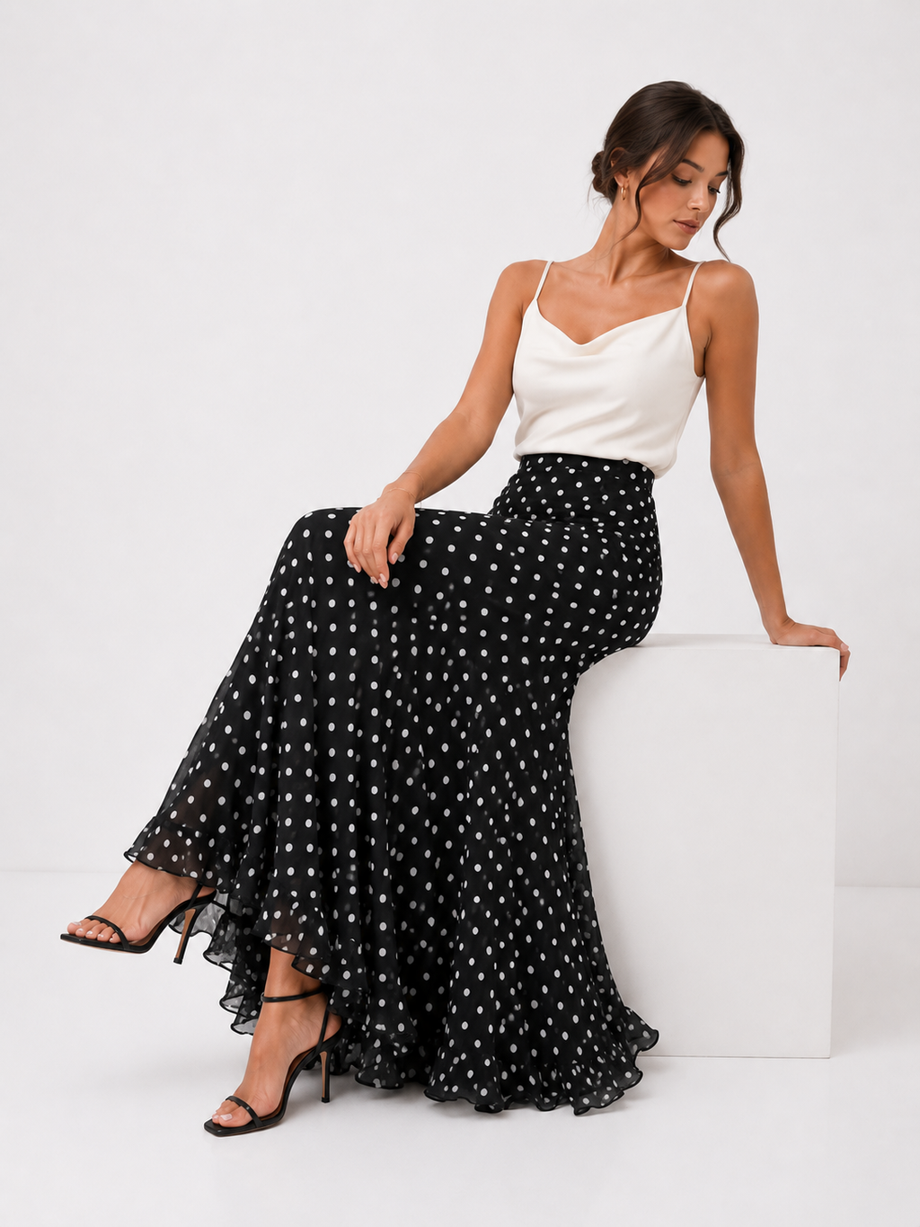 Ruched Polka-Dot Mermaid Maxi Skirt