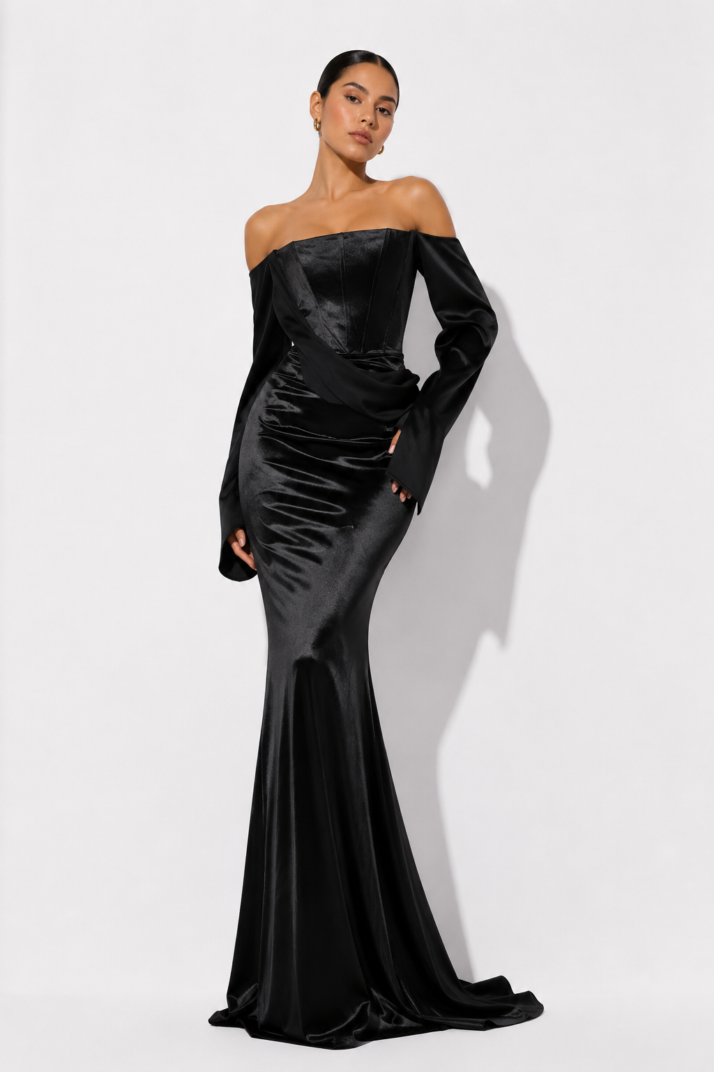 Off-Shoulder Satin-Effect Maxi Dress