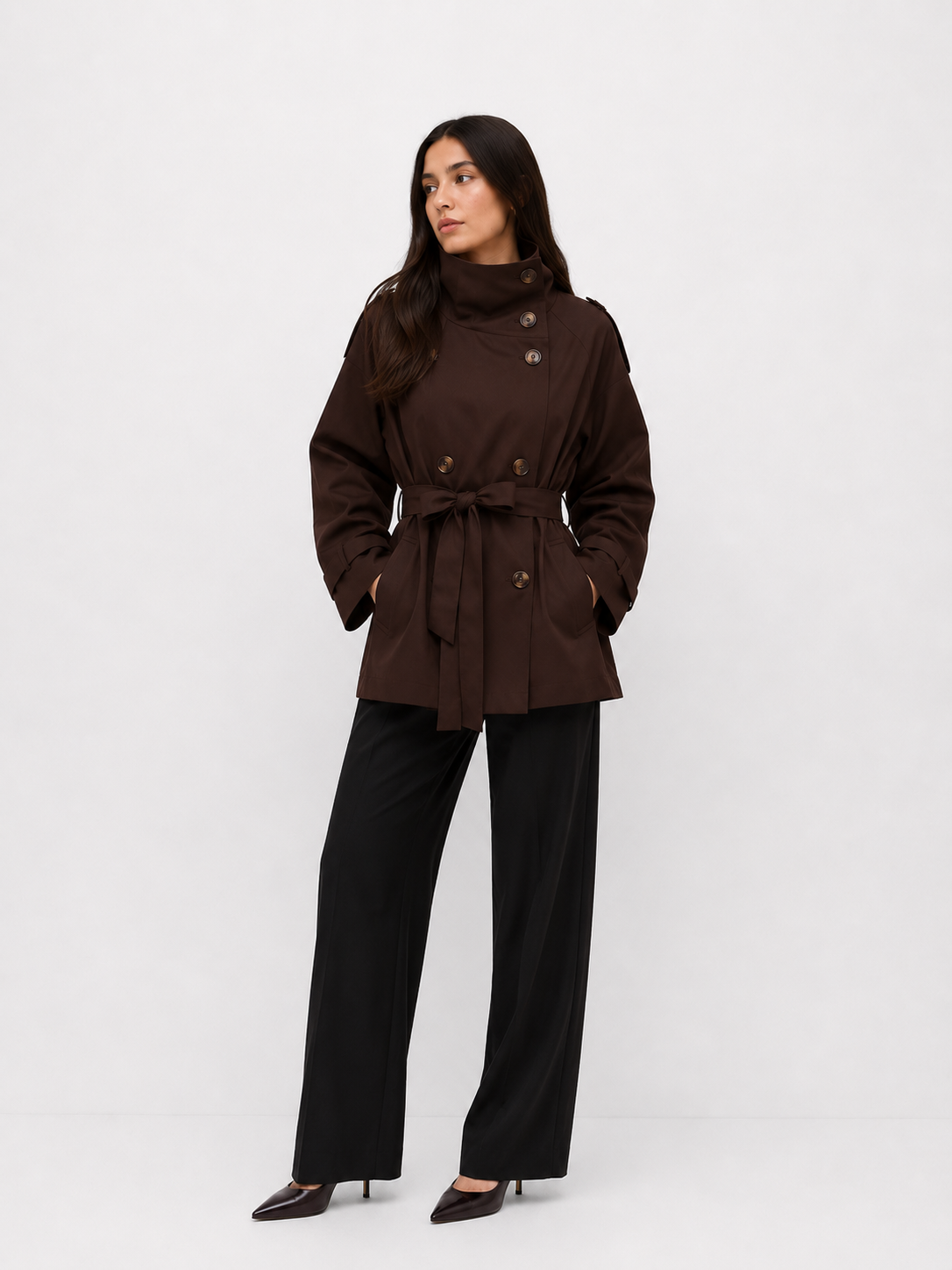 Cropped Funnel-Neck Trench Jacket