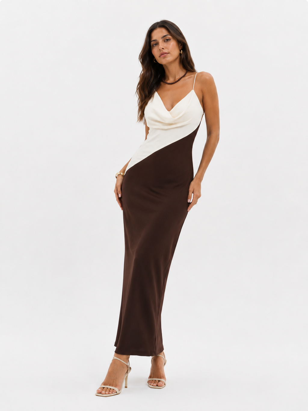 Two-Tone V-Neck Straight Midi Dress