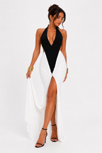 Two-Tone Plunging V-Neck Split Maxi Dress