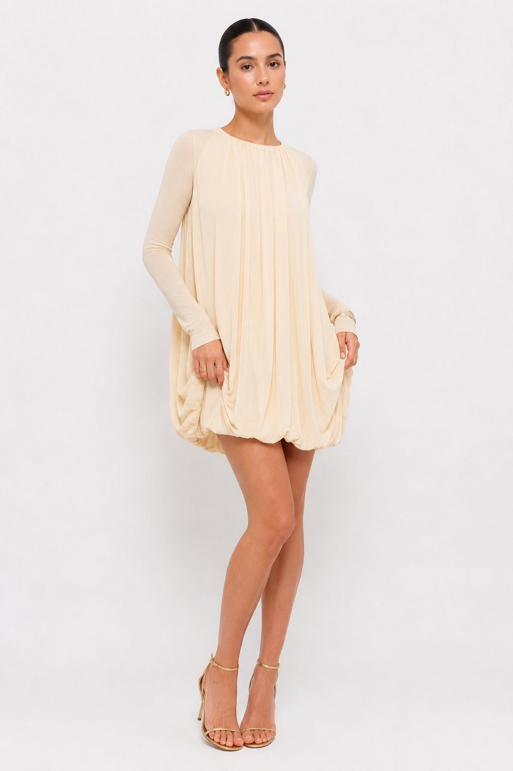 Draped Long-Sleeve Mini Dress