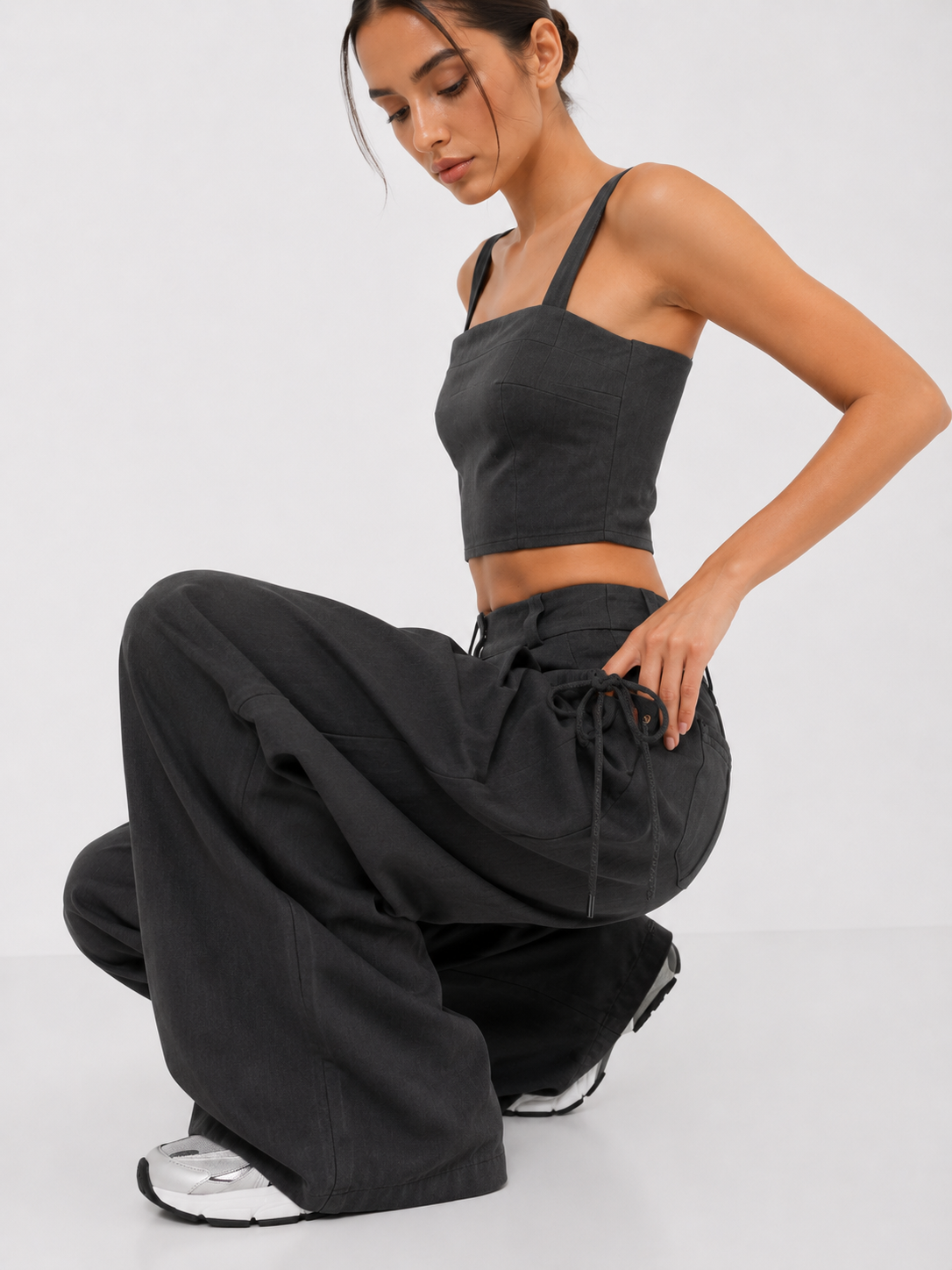 Gathered High-Waist Wide-Leg Trousers