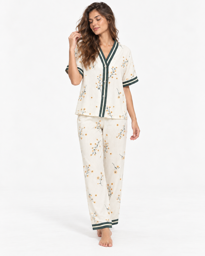 Floral V-Neck Long Pyjama Set