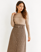 Belted Houndstooth A-Line Midi Skirt