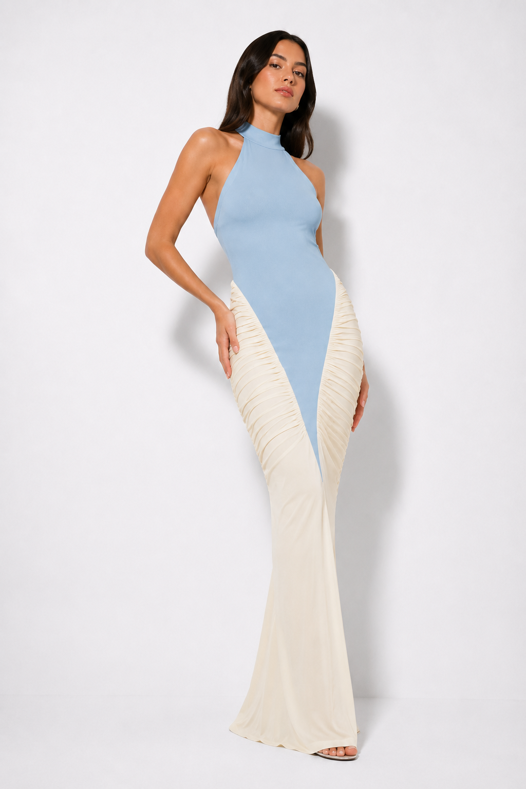 Contrast-Skirt Halter Maxi Dress