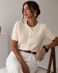 Pointelle Knit Short Sleeve Cardigan with Golden Buttons