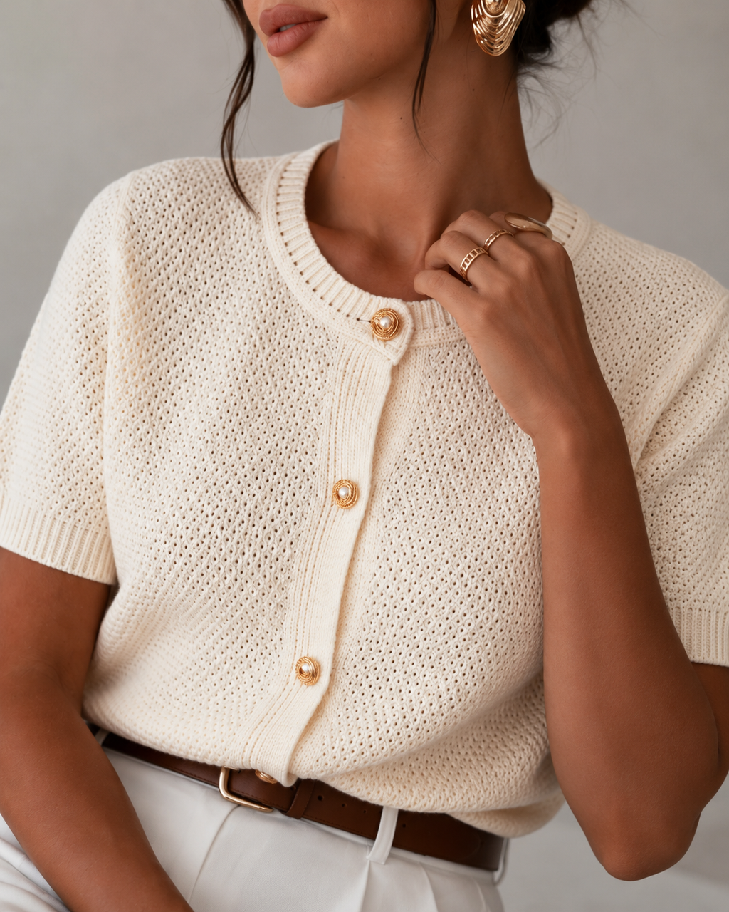 Pointelle Knit Short Sleeve Cardigan with Golden Buttons