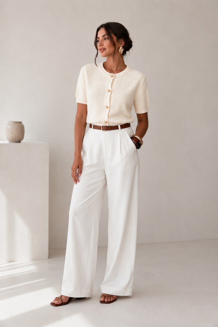 Pointelle Knit Short Sleeve Cardigan with Golden Buttons
