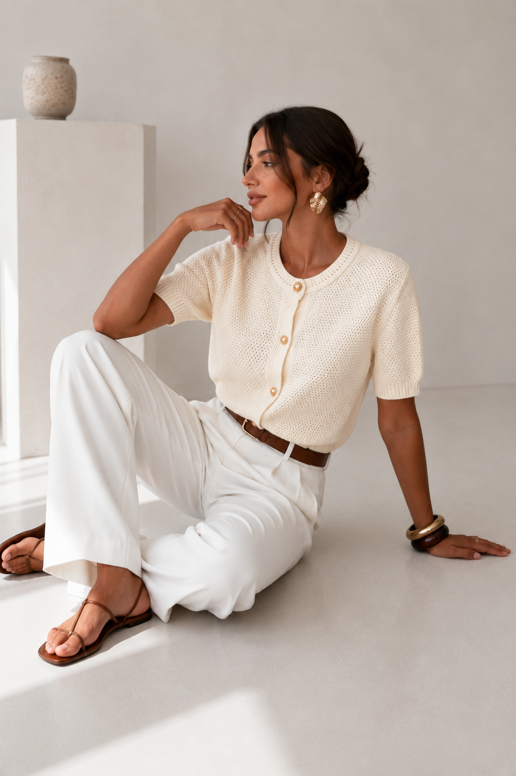 Pointelle Knit Short Sleeve Cardigan with Golden Buttons