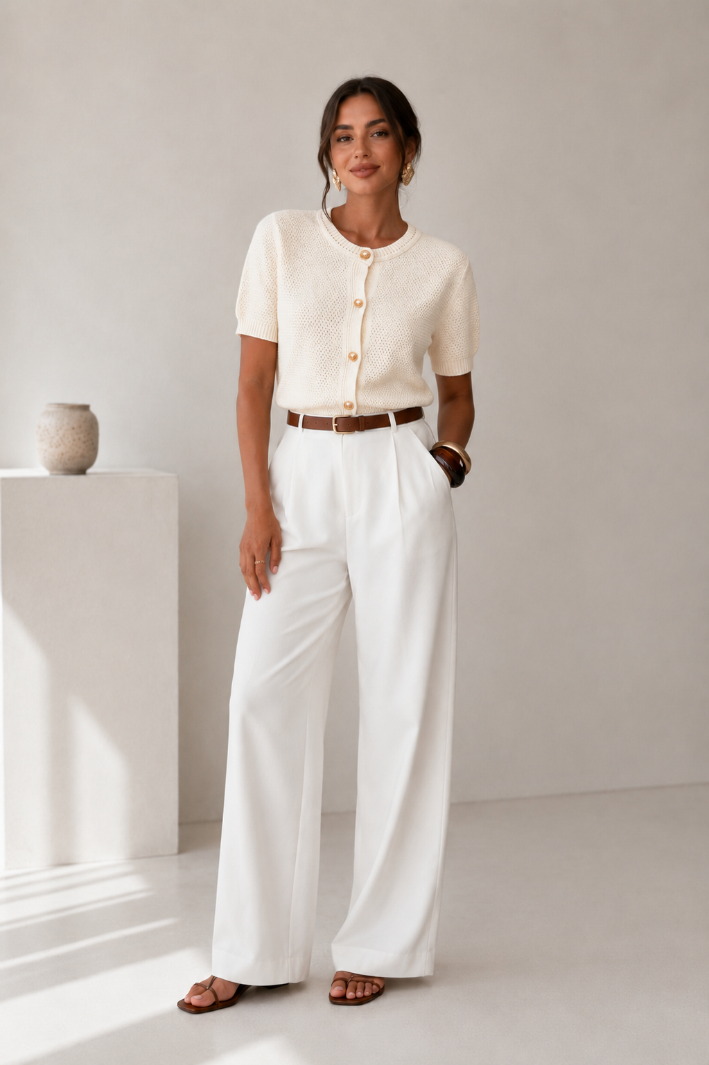 Pointelle Knit Short Sleeve Cardigan with Golden Buttons