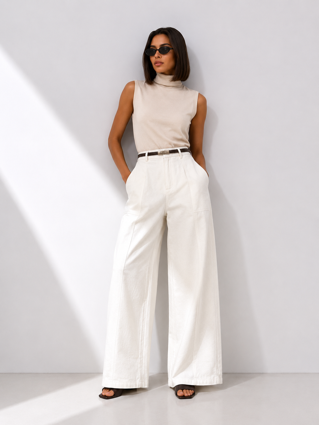 High-Waisted Wide-Leg Textured Trousers