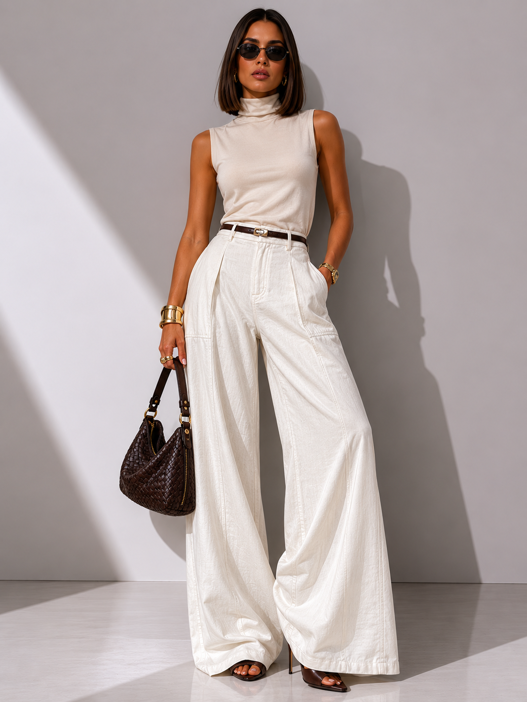 High-Waisted Wide-Leg Textured Trousers