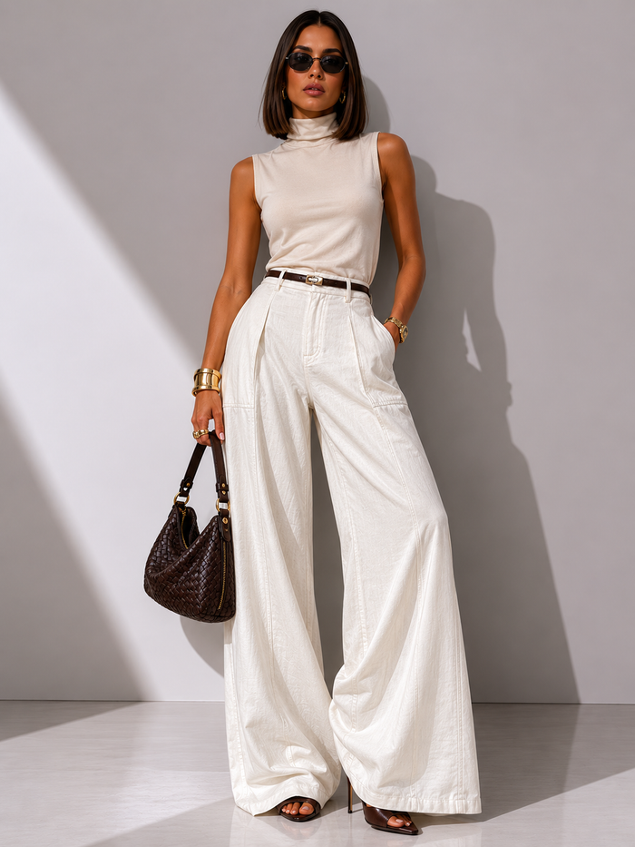 High-Waisted Wide-Leg Textured Trousers