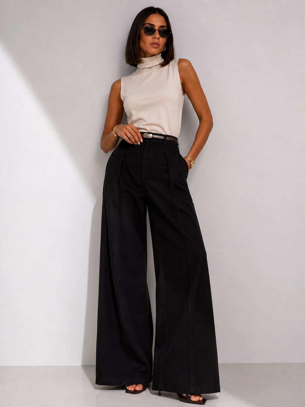 High-Waisted Wide-Leg Textured Trousers
