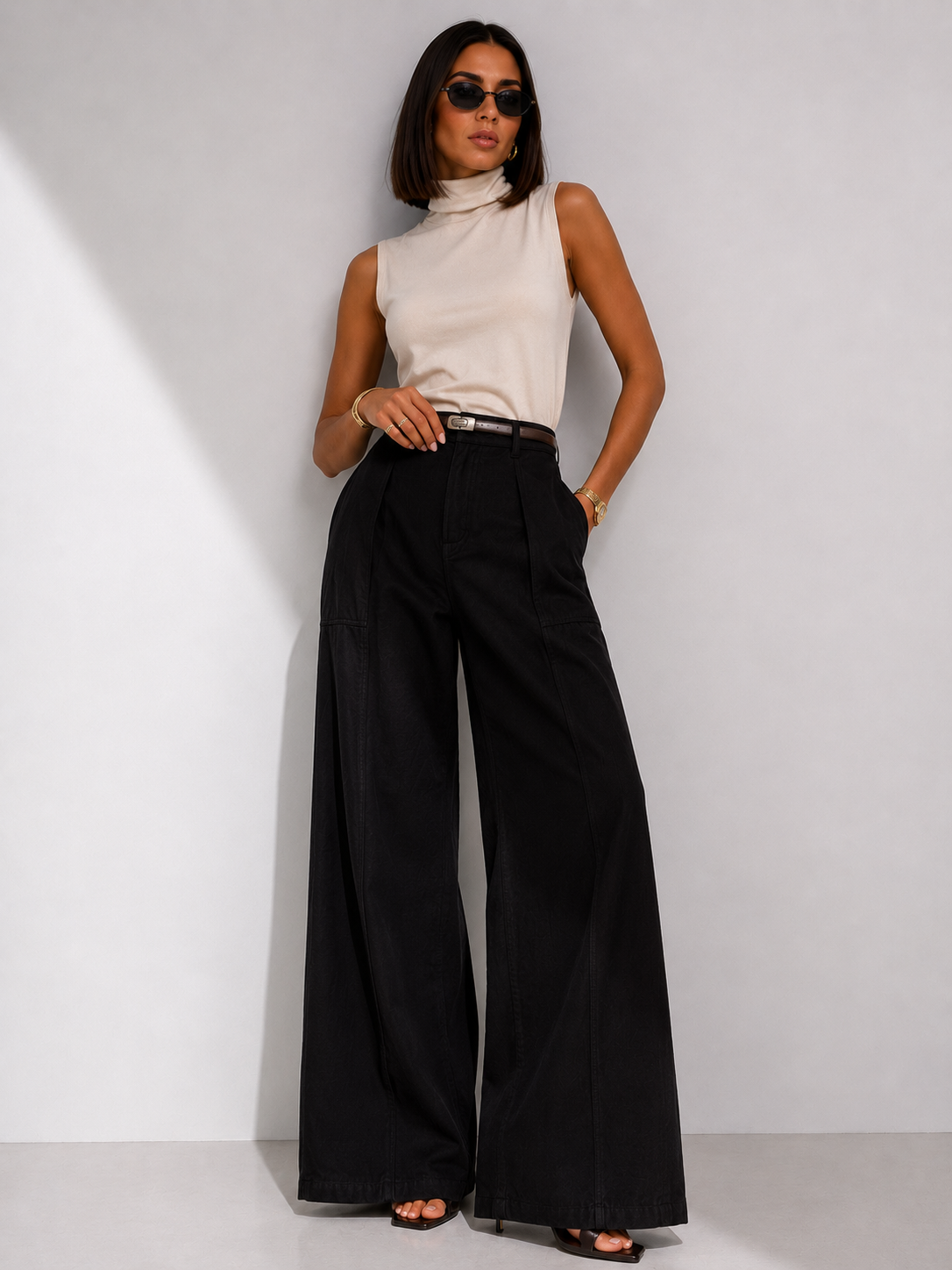 High-Waisted Wide-Leg Textured Trousers