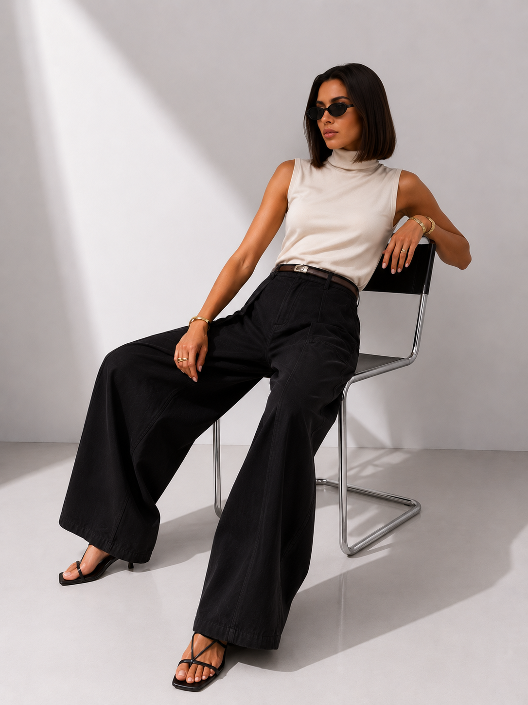 High-Waisted Wide-Leg Textured Trousers