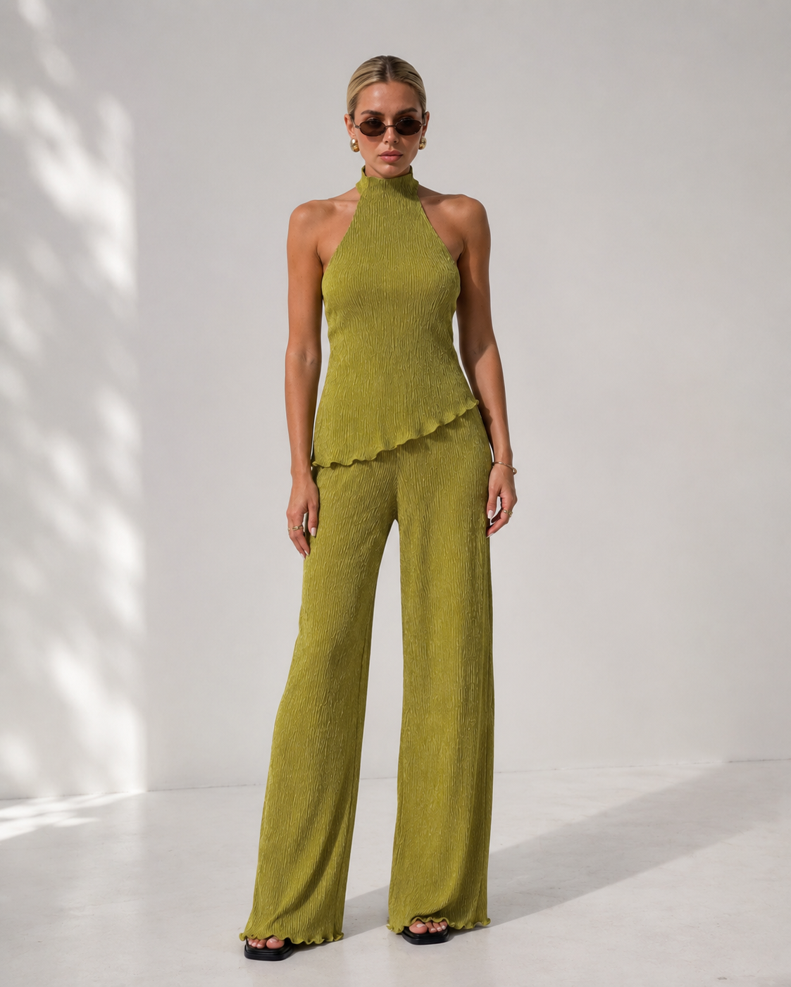 Cropped Halter Knit Top & Wide-Leg Trousers Set