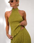 Cropped Halter Knit Top & Wide-Leg Trousers Set