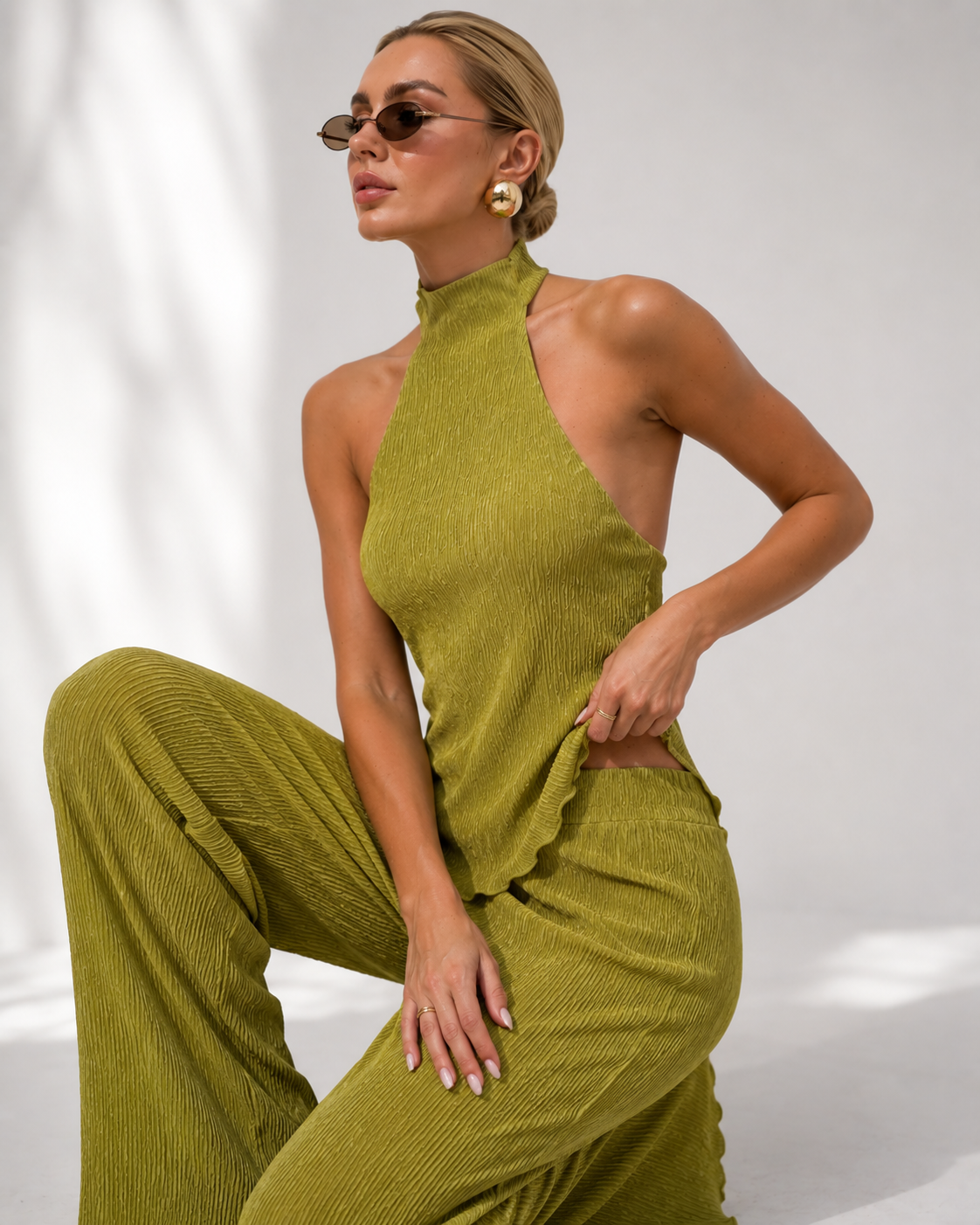 Cropped Halter Knit Top & Wide-Leg Trousers Set