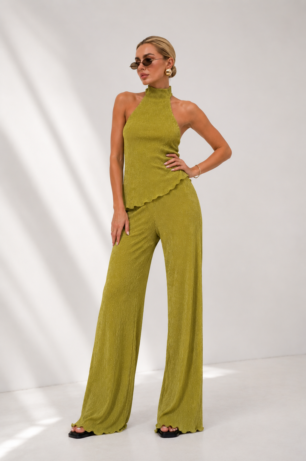 Cropped Halter Knit Top & Wide-Leg Trousers Set