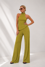 Cropped Halter Knit Top & Wide-Leg Trousers Set