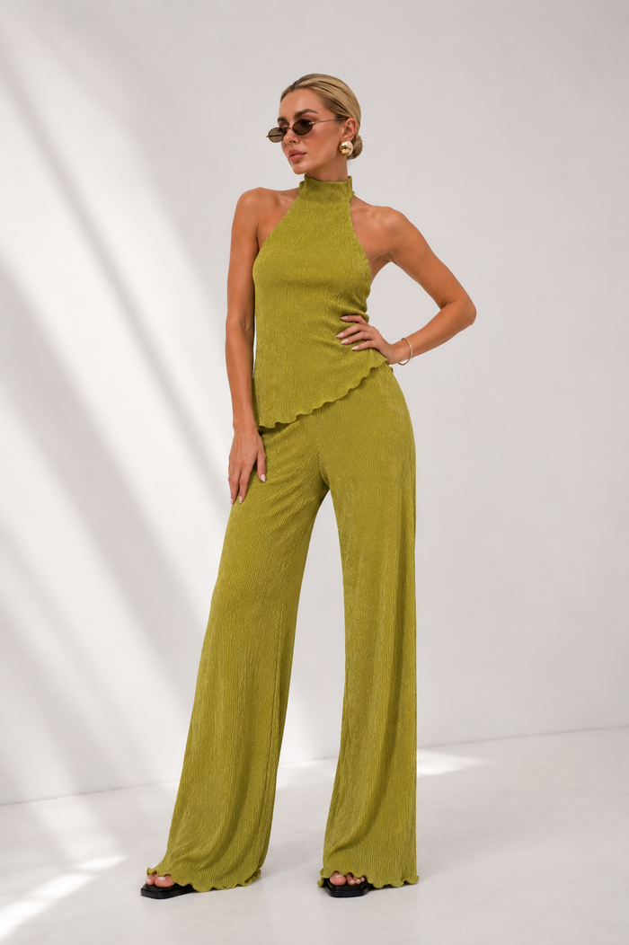 Cropped Halter Knit Top & Wide-Leg Trousers Set