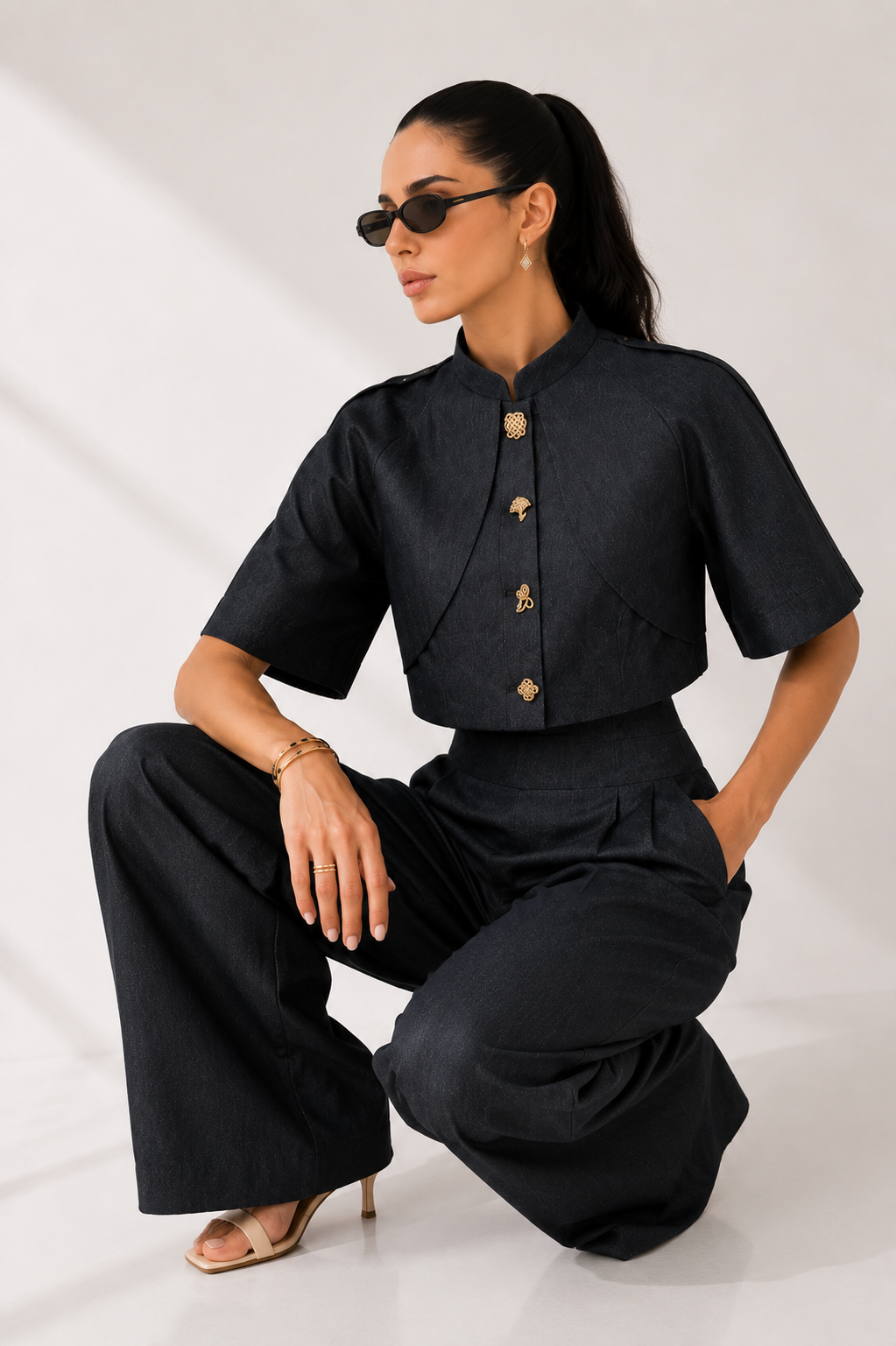 Tailored High-Waist Wide-Leg Trousers with Structured Button-Detail Top