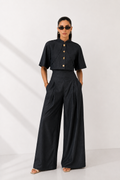 Tailored High-Waist Wide-Leg Trousers with Structured Button-Detail Top