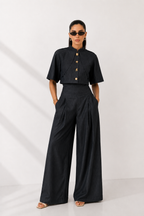 Tailored High-Waist Wide-Leg Trousers with Structured Button-Detail Top