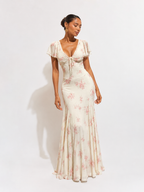Floral Flutter-Sleeve Pleated Maxi Dress