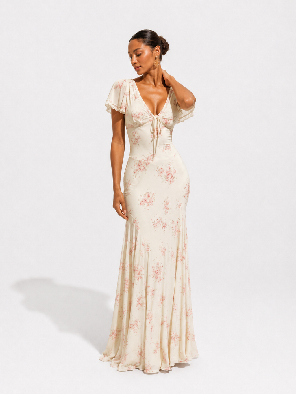 Floral Flutter-Sleeve Pleated Maxi Dress