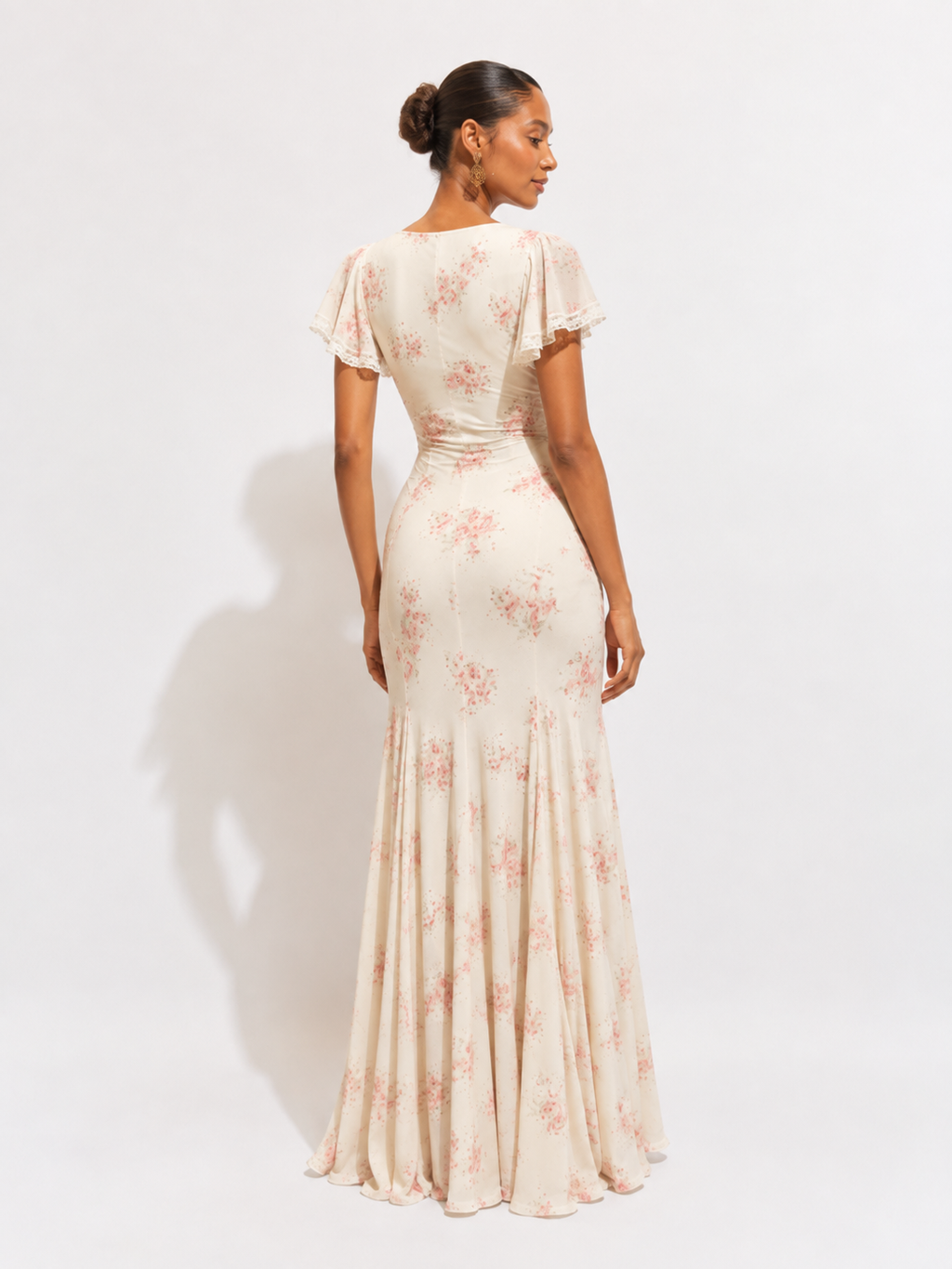 Floral Flutter-Sleeve Pleated Maxi Dress