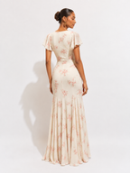 Floral Flutter-Sleeve Pleated Maxi Dress