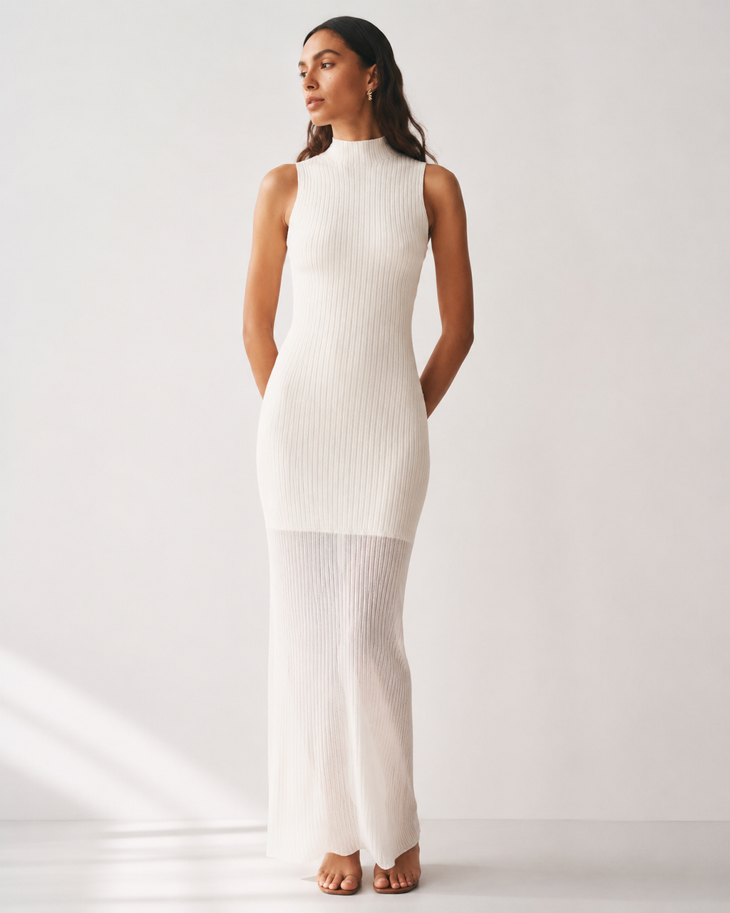 Contrast-Panel High-Neck Maxi Dress