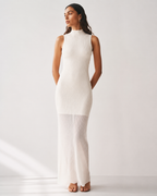 Contrast-Panel High-Neck Maxi Dress