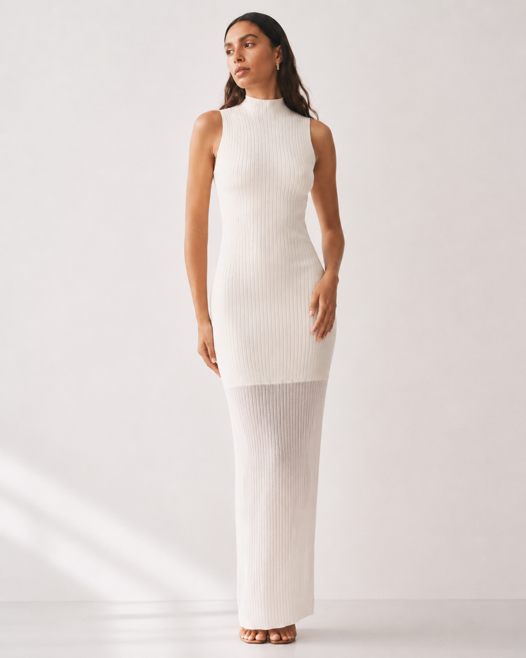 Contrast-Panel High-Neck Maxi Dress