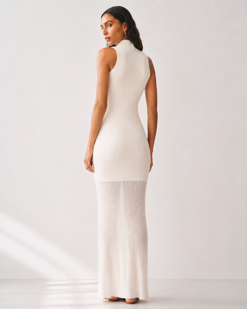 Contrast-Panel High-Neck Maxi Dress