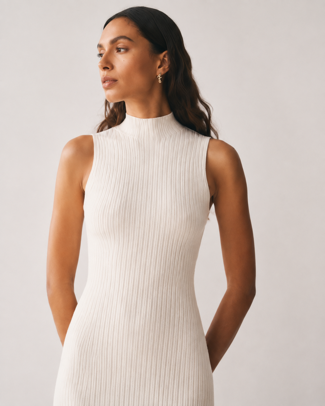 Contrast-Panel High-Neck Maxi Dress