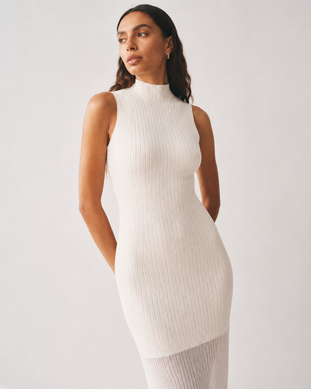 Contrast-Panel High-Neck Maxi Dress
