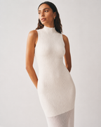 Contrast-Panel High-Neck Maxi Dress