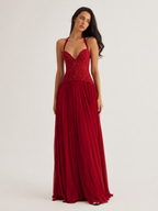 Corset-Style Halter Pleated Maxi Dress