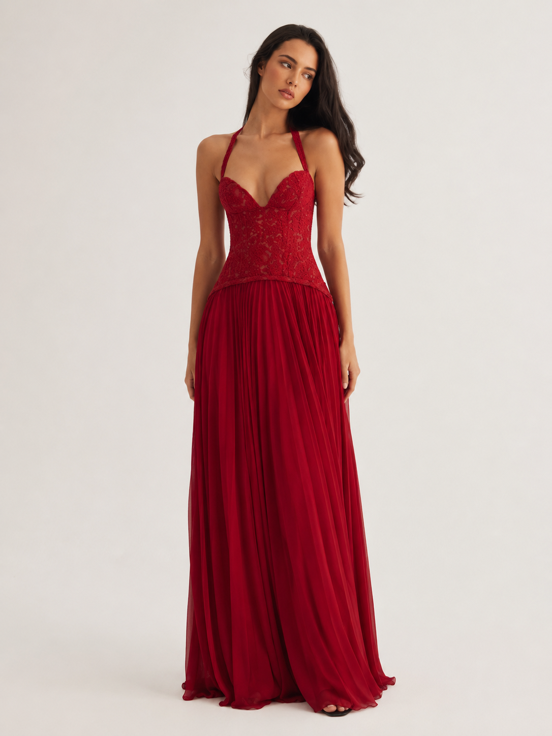 Corset-Style Halter Pleated Maxi Dress