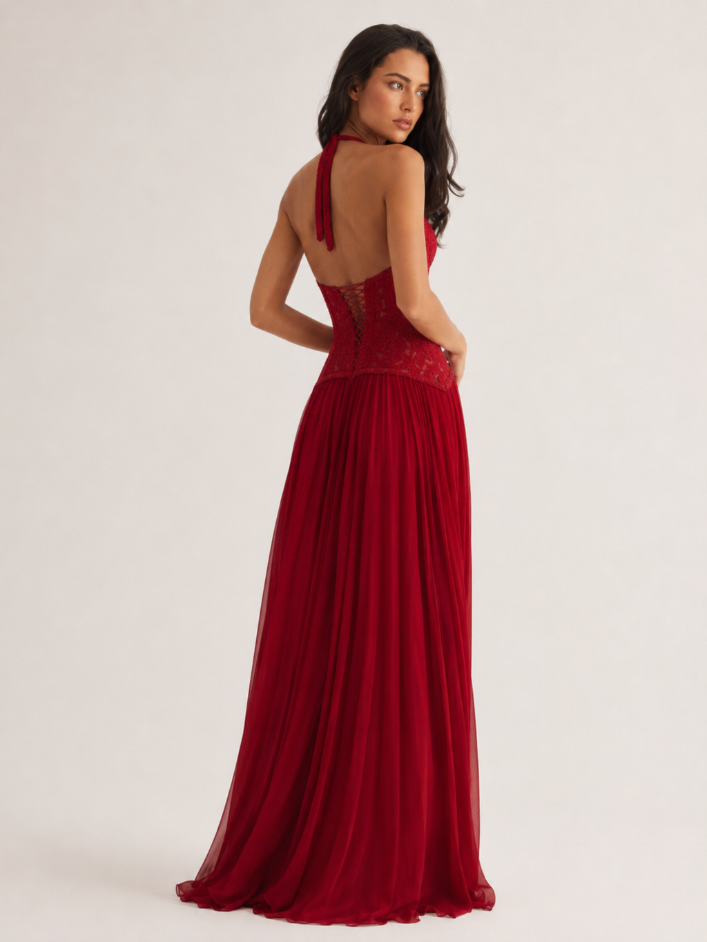 Corset-Style Halter Pleated Maxi Dress