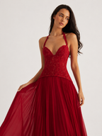 Corset-Style Halter Pleated Maxi Dress
