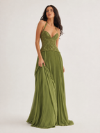 Corset-Style Halter Pleated Maxi Dress