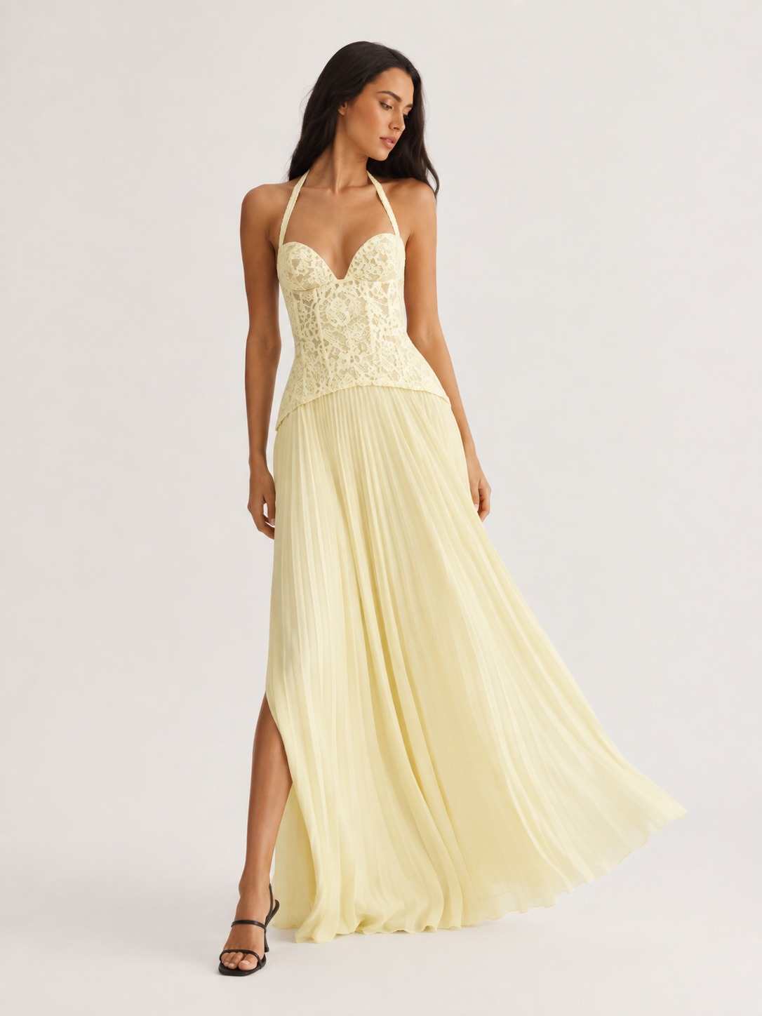 Corset-Style Halter Pleated Maxi Dress
