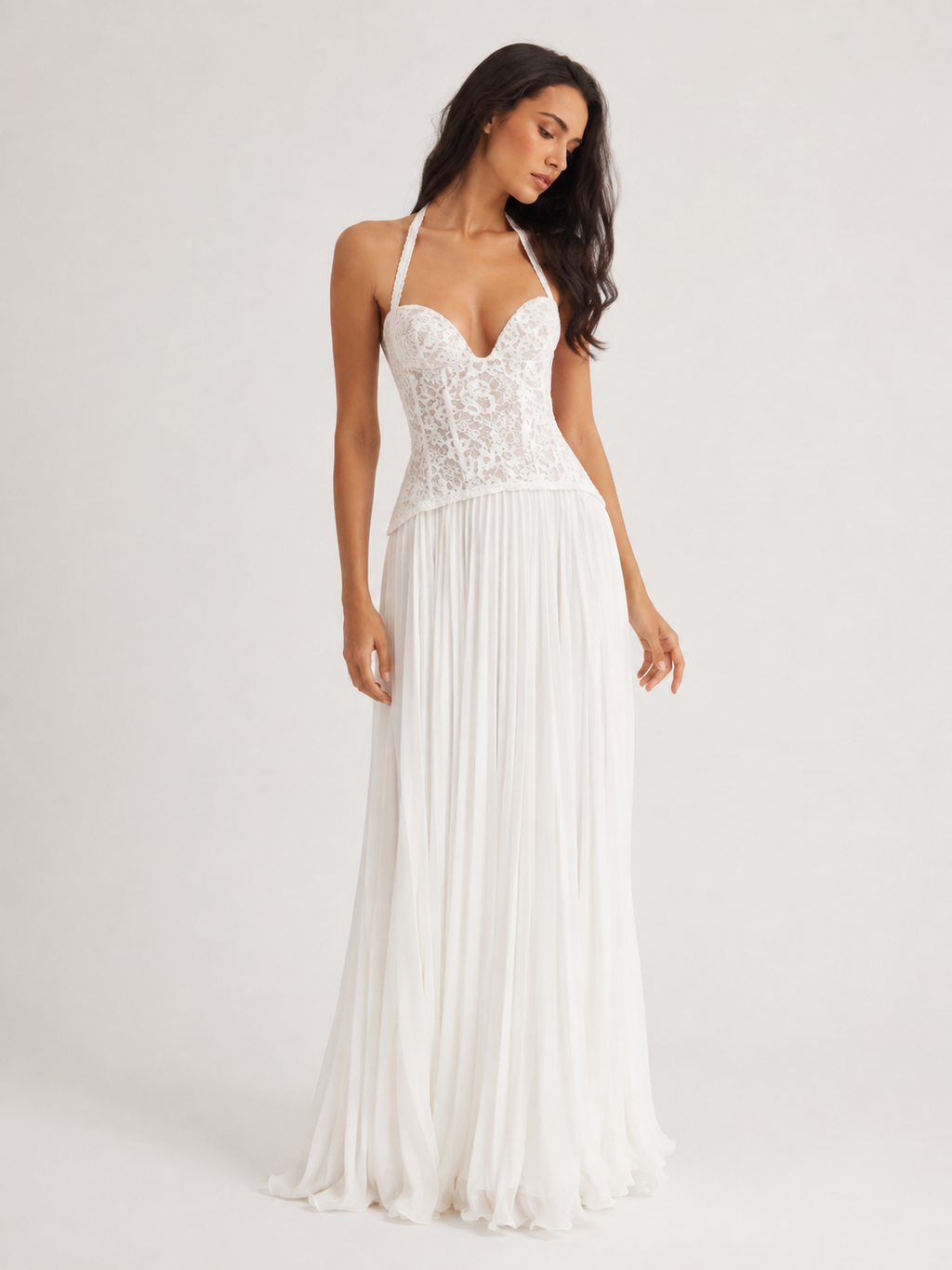 Corset-Style Halter Pleated Maxi Dress