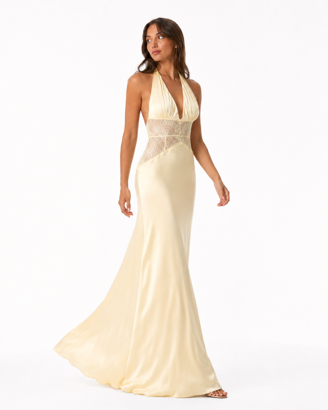 Lace-Panel Halter Maxi Dress