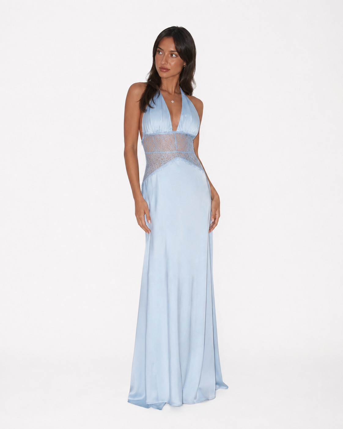 Lace-Panel Halter Maxi Dress